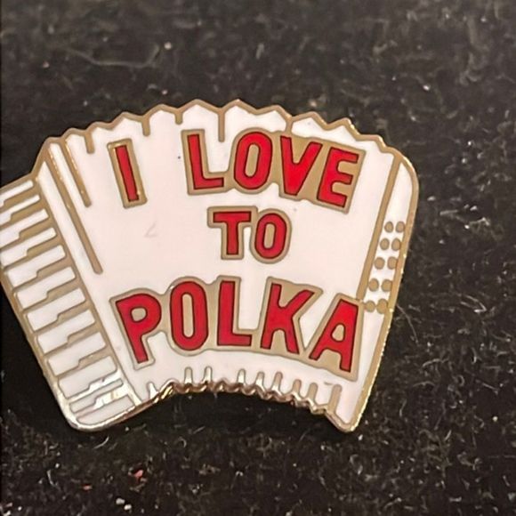 Vintage-1970s-gold tone & white/red enamel “I Love to Polka” hat/lapel/tie pin - Picture 1 of 11
